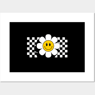 Retro Smiley Daisy Flower Emoji with Chess Board Black and White Posters and Art